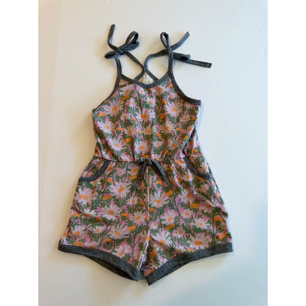 Miki Miette Girls Floral Daisy Romper Pink Grey Tie Straps Size 3T